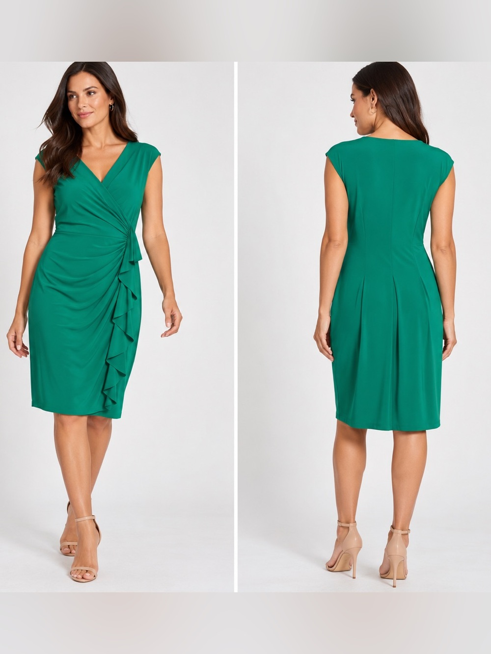American Living Emerald Green Faux-Wrap Ruffle Midi Dress